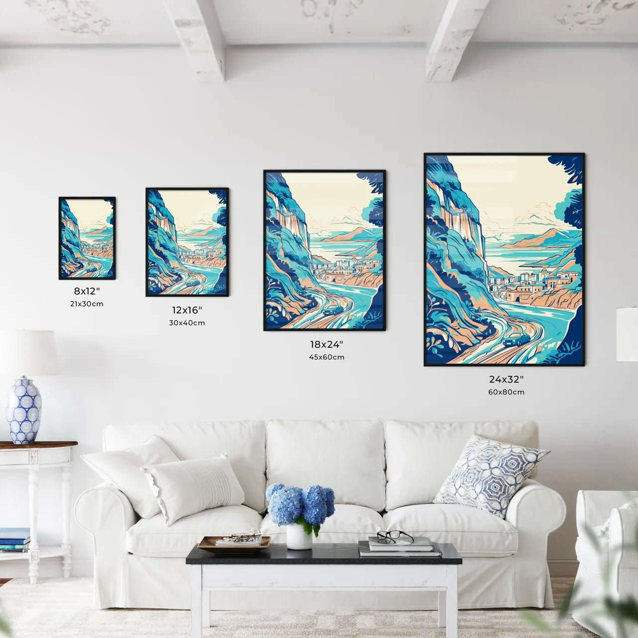 Valencia Vacation Poster - A Cartoon Of A Town On A Mountain Size Chart