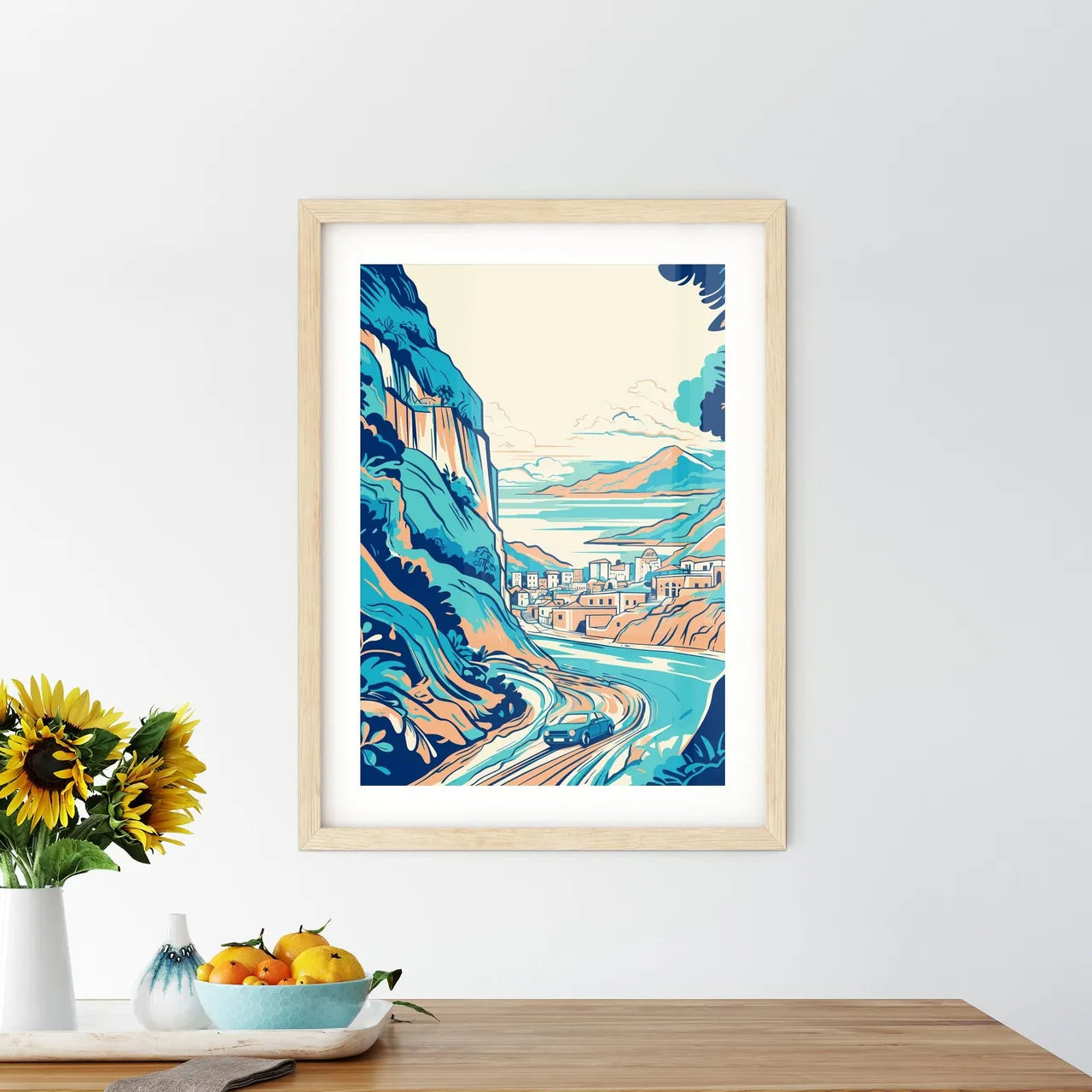 Valencia Vacation Poster - A Cartoon Of A Town On A Mountain Custom Print