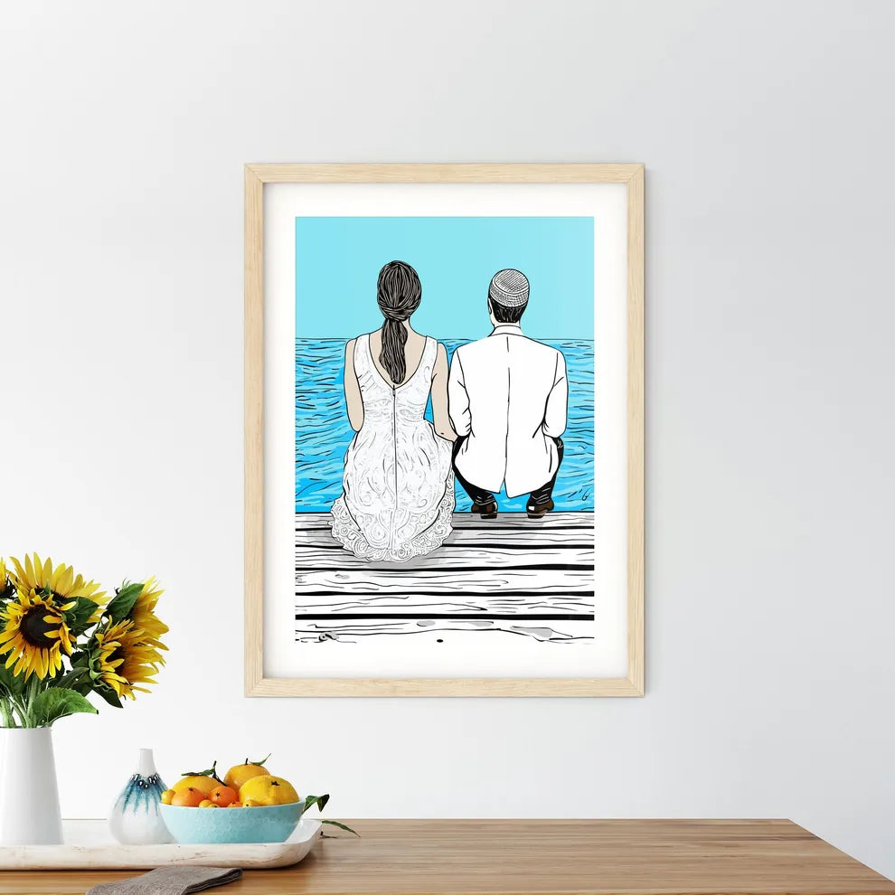 Wedding Couple Sitting On A Dock - A Man And Framed Print