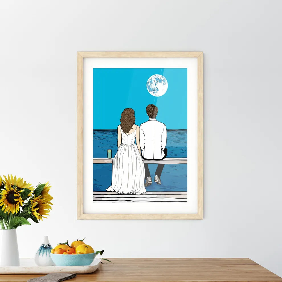 Wedding Couple Sitting On A Dock - A Man And Framed Print