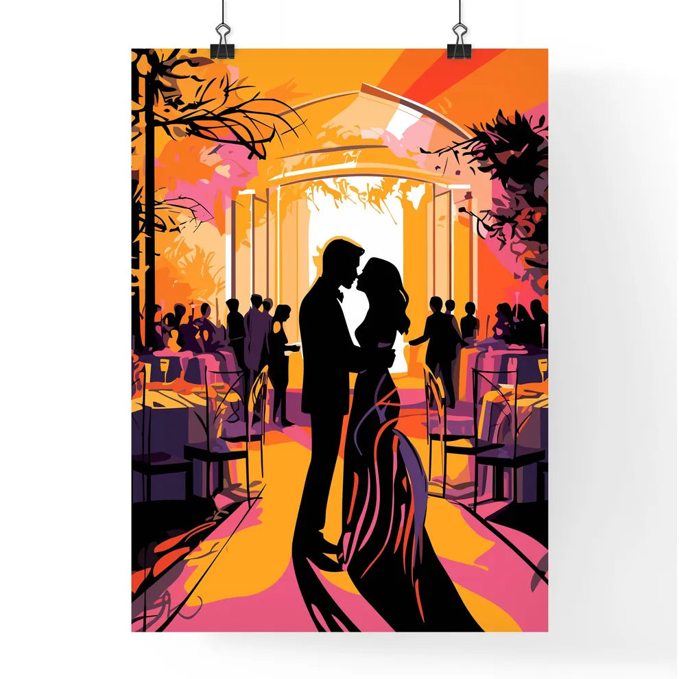 Wedding Setting Where The Ceremony Will Take Place - A Man And Woman Kissing In A Room With Tables And Chairs Poster