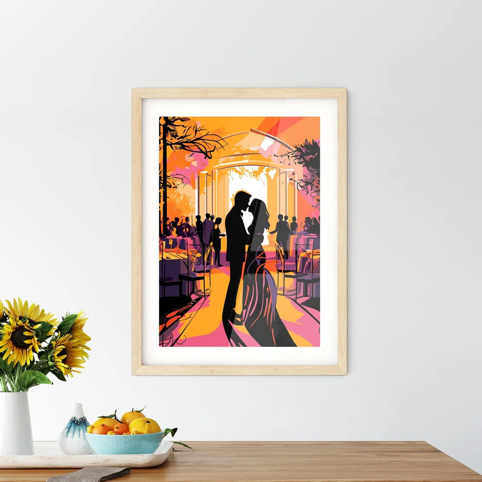 Wedding Setting Where The Ceremony Will Take Place - A Man And Woman Kissing In A Room With Tables And Chairs Custom Print