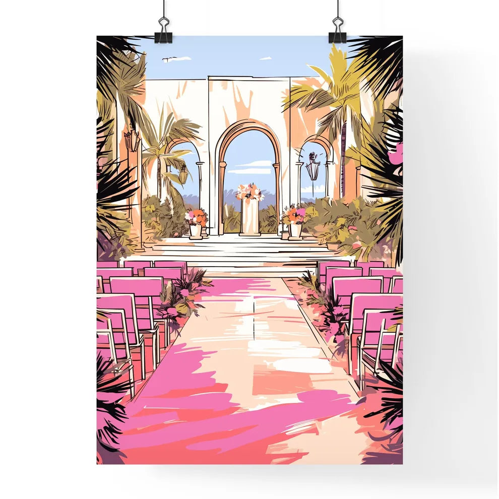 Wedding Setting Where The Ceremony Will Take Place - A Wedding Ceremony With Pink Chairs And Palm Trees Poster