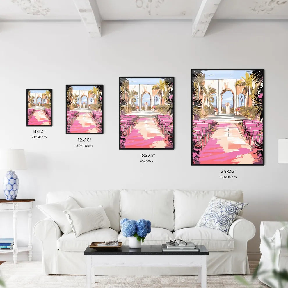 Wedding Setting Where The Ceremony Will Take Place - A Wedding Ceremony With Pink Chairs And Palm Trees Size Chart
