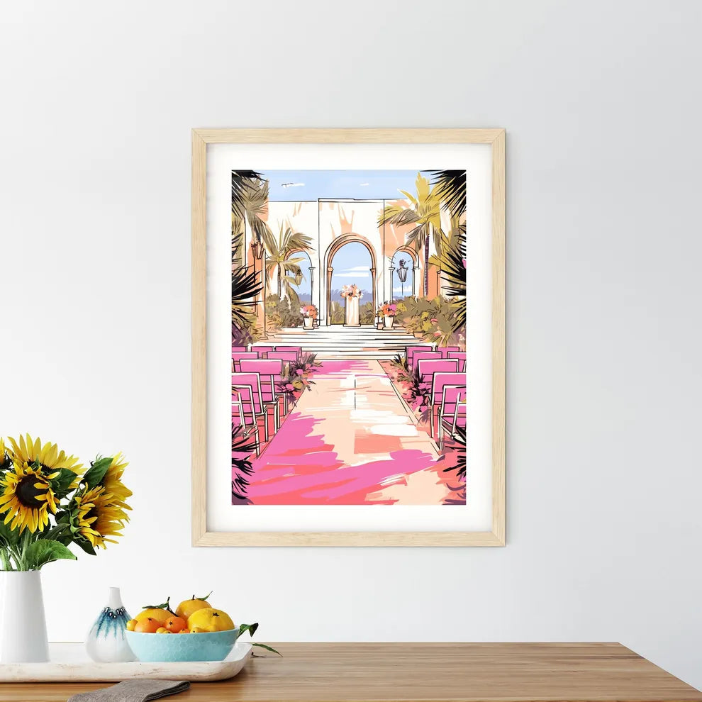 Wedding Setting Where The Ceremony Will Take Place - A Wedding Ceremony With Pink Chairs And Palm Trees Custom Print