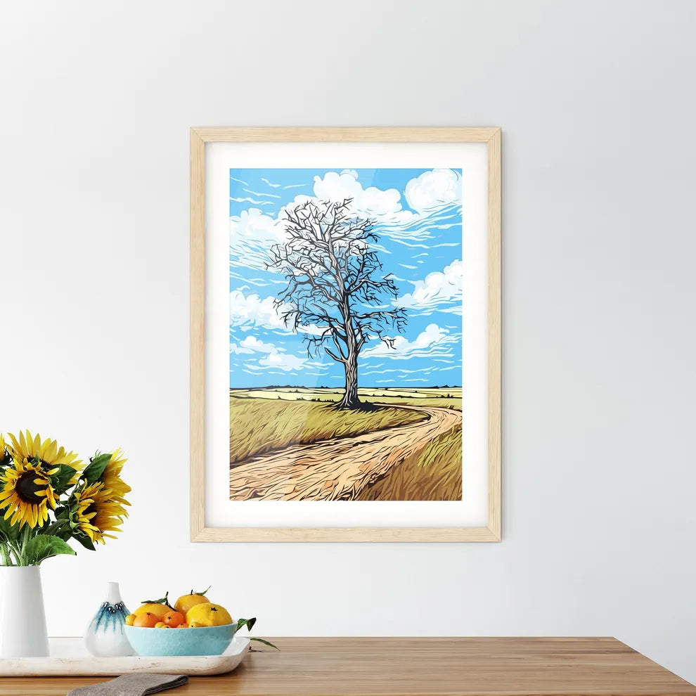Windswept Tree In A Field Against An Cloudy  Framed Print
