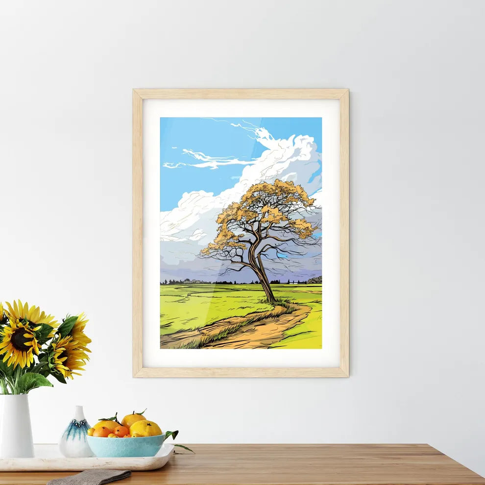 Windswept Tree In A Field Against An Cloudy  Framed Print