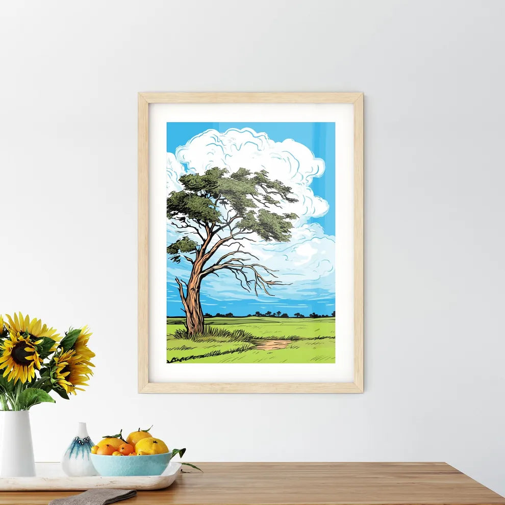 Windswept Tree In A Field Against An Cloudy  Framed Print