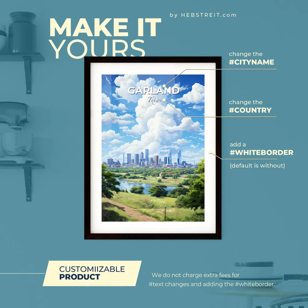 Garland Texas Skyline - A Landscape Of A City With A River And Trees - Customizable Travel Gift Default Title