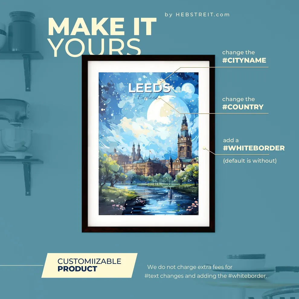 Leeds England Skyline - A Castle With A Large Clock Tower And Trees - Customizable Travel Gift Default Title