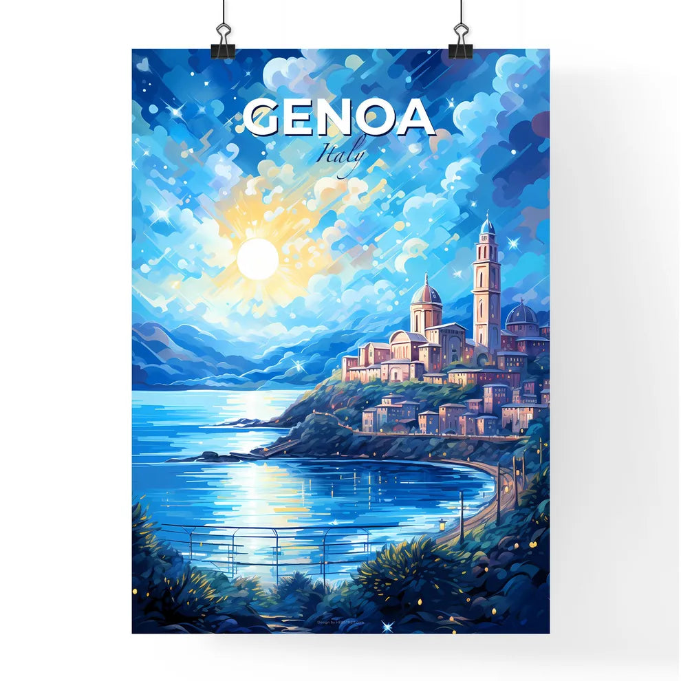 Genoa Italy Skyline - A Painting Of A City On A Hill With A Body Of Water And Mountains - Customizable Travel Gift Default Title