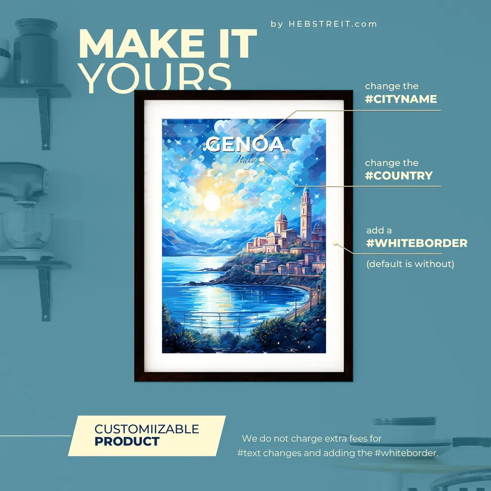 Genoa Italy Skyline - A Painting Of A City On A Hill With A Body Of Water And Mountains - Customizable Travel Gift Default Title