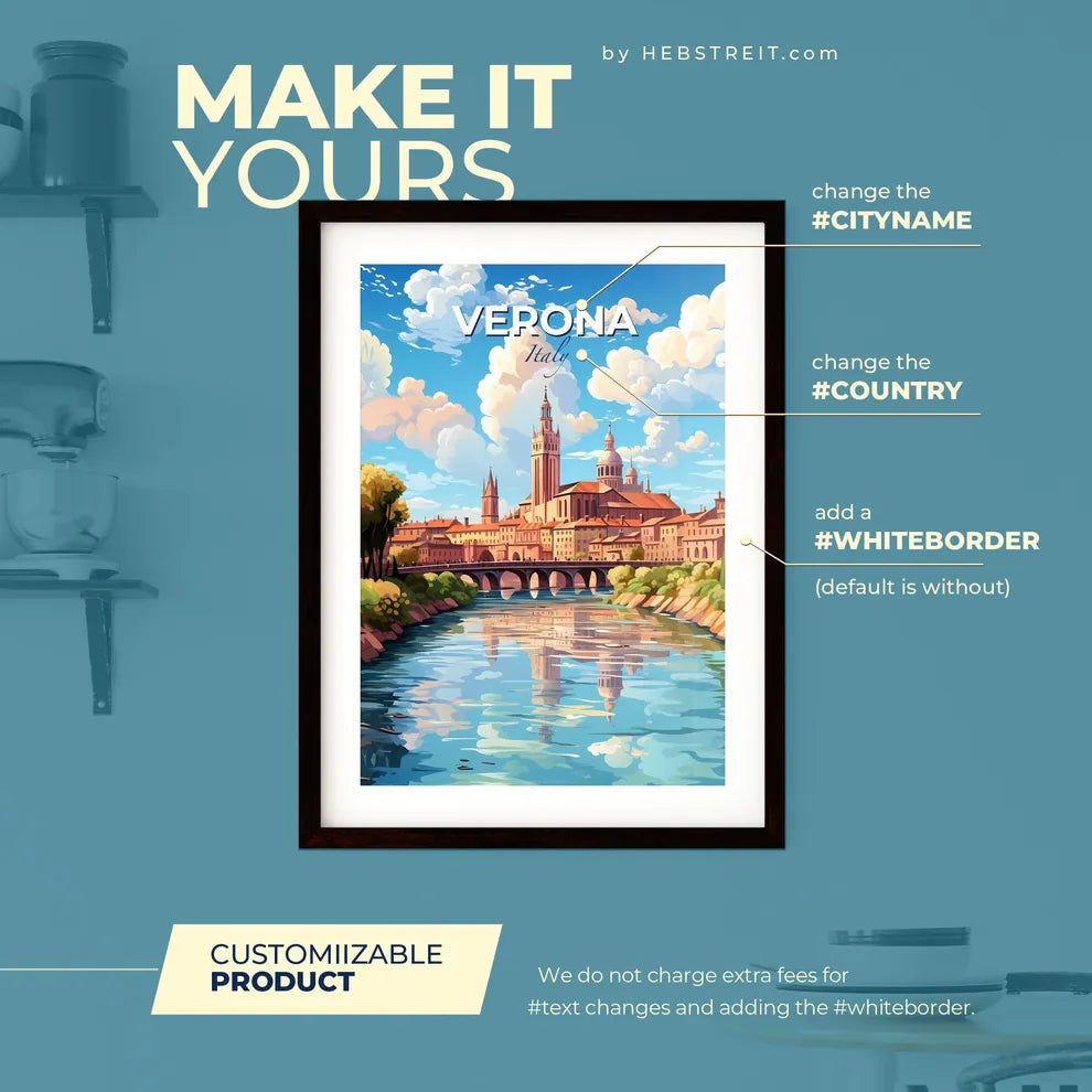 Verona Italy Skyline - A River With A Bridge And A City In The Background - Customizable Travel Gift Default Title