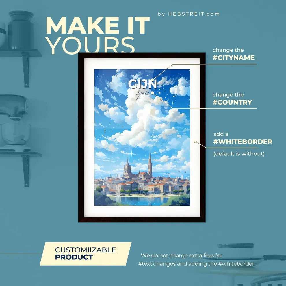 Gijn Spain Skyline - A City With A Large Building And A Large Tower - Customizable Travel Gift Default Title