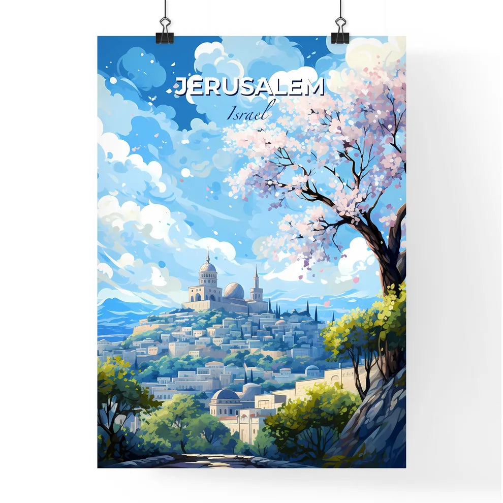 Jerusalem Israel Skyline - A Painting Of A City With A Tree And A Blue Sky - Customizable Travel Gift Default Title