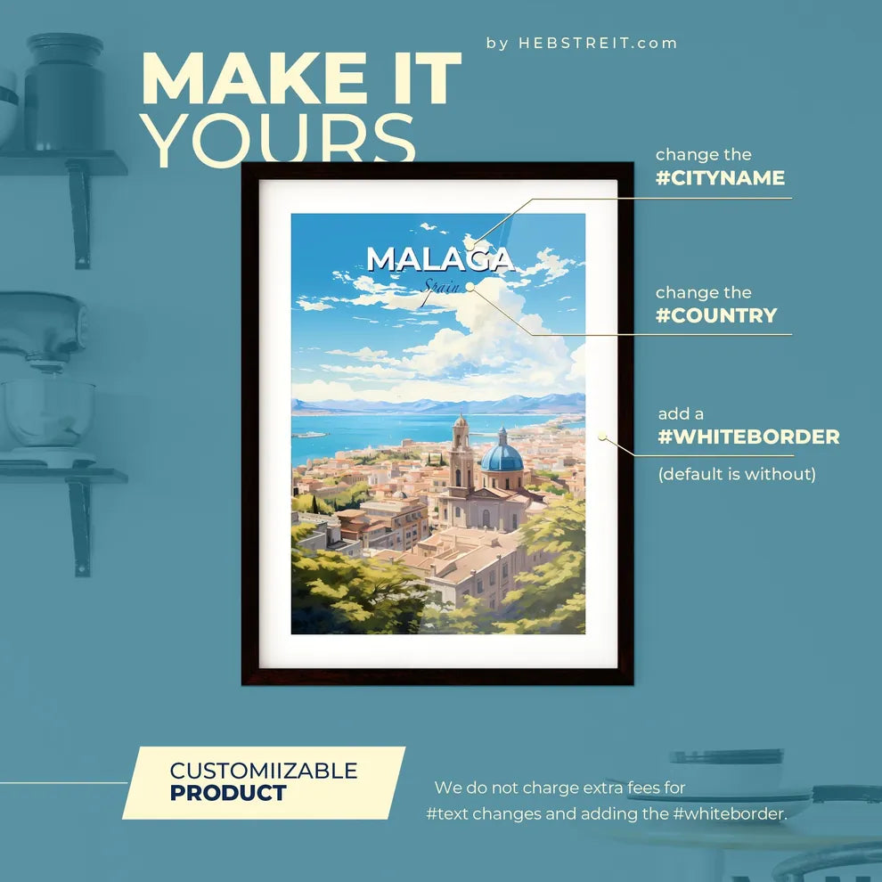 Mlaga Spain Skyline - A City With A Blue Dome And A Body Of Water - Customizable Travel Gift Default Title