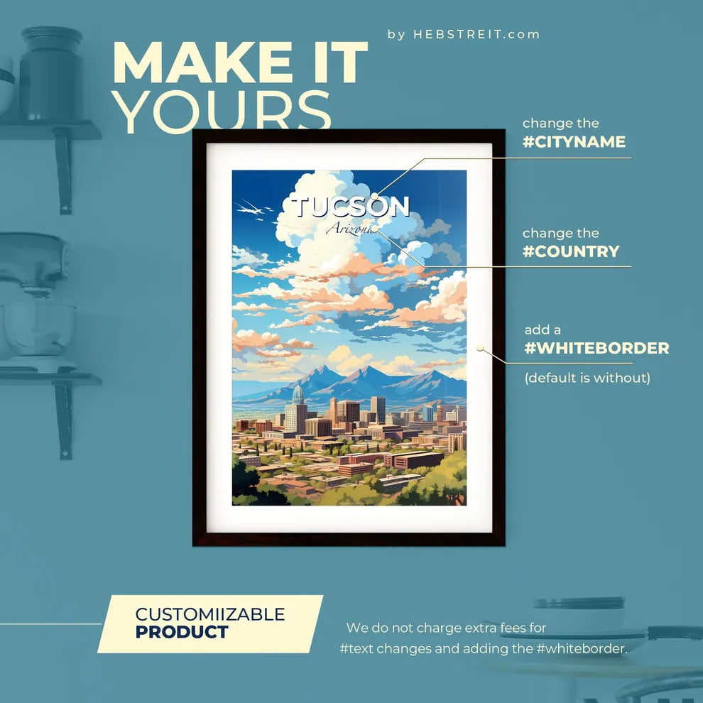 Tucson Arizona Skyline - A City With Mountains In The Background - Customizable Travel Gift Default Title
