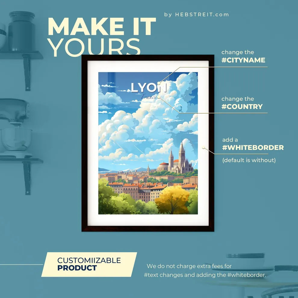 Lyon France Skyline - A City Landscape With A Castle And Trees - Customizable Travel Gift Default Title