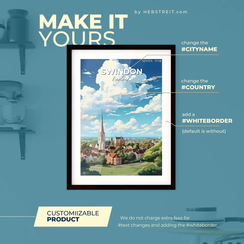 Swindon England Skyline - A City With A Tall Tower And Trees - Customizable Travel Gift Default Title