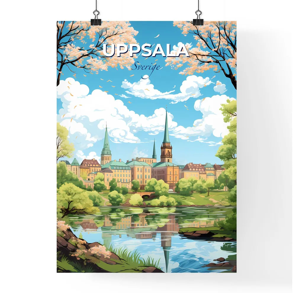 Uppsala Sverige Skyline - A Landscape Of A City With Trees And A River - Customizable Travel Gift Default Title