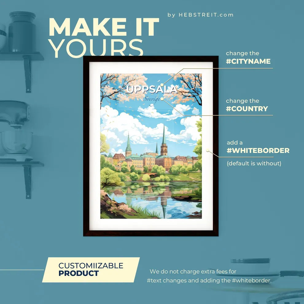 Uppsala Sverige Skyline - A Landscape Of A City With Trees And A River - Customizable Travel Gift Default Title