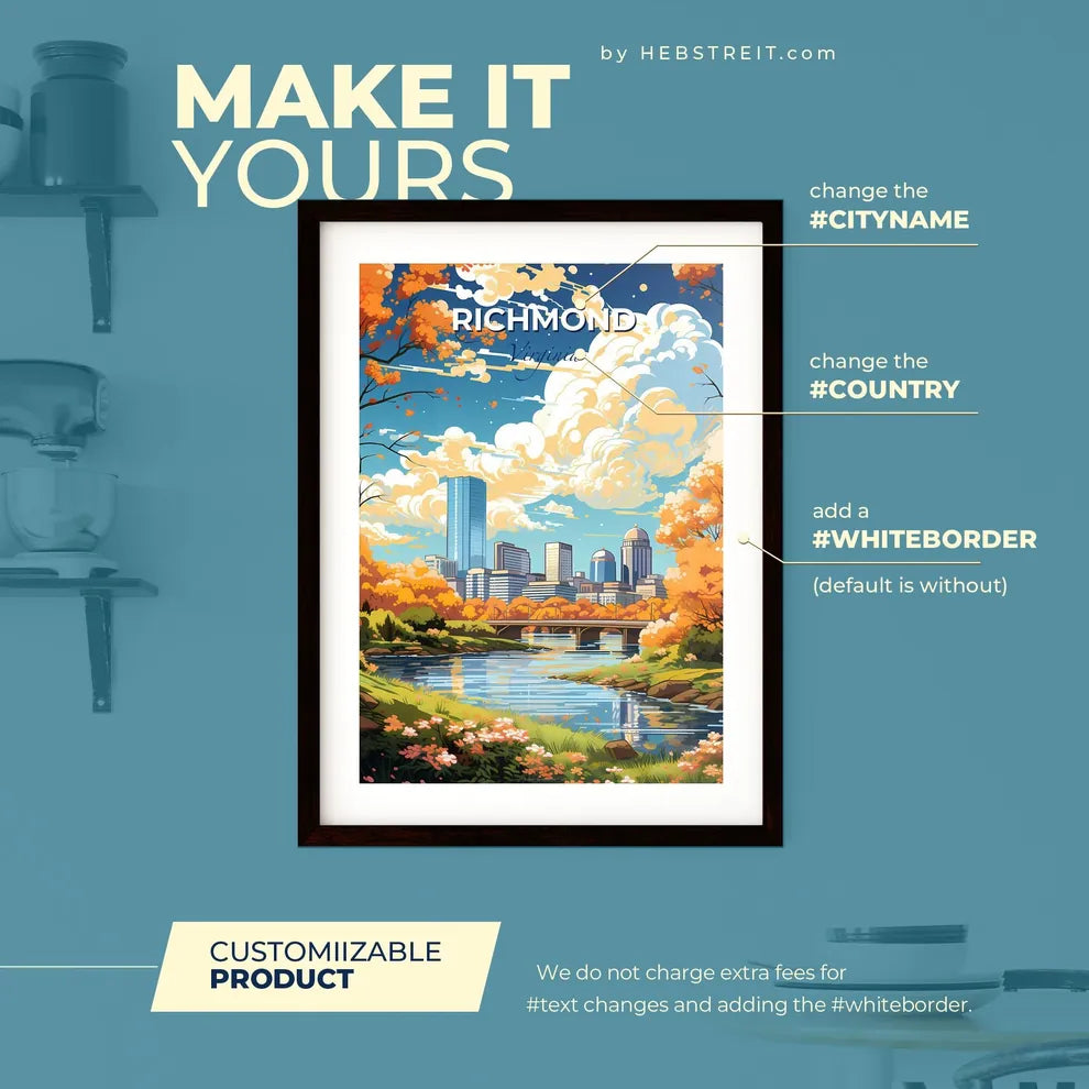 Richmond Virginia Skyline - A River With A Bridge And Trees With Orange Leaves - Customizable Travel Gift Default Title