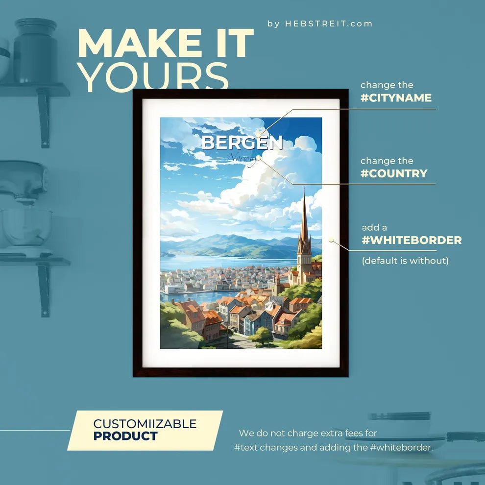 Bergen Norway Skyline - A City With A Steeple And A Body Of Water - Customizable Travel Gift Default Title