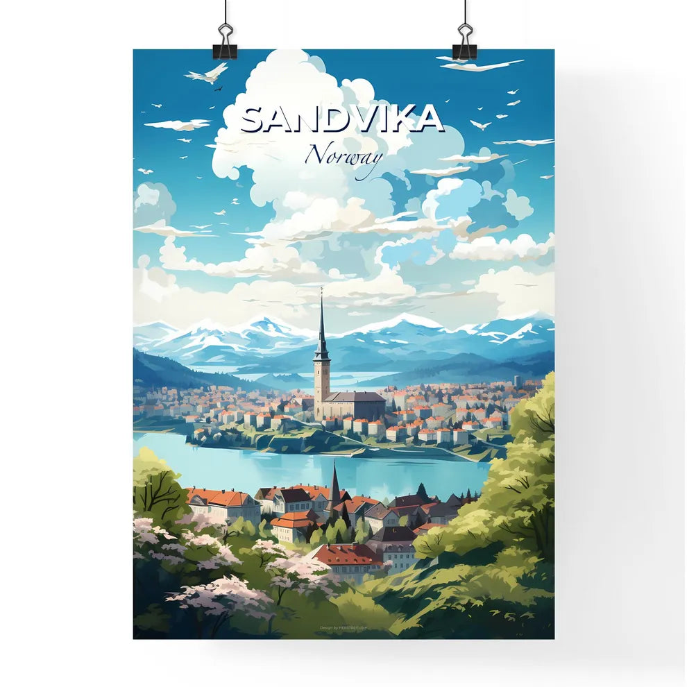 Sandvika Norway Skyline - A City With A Tower And A Lake - Customizable Travel Gift Default Title