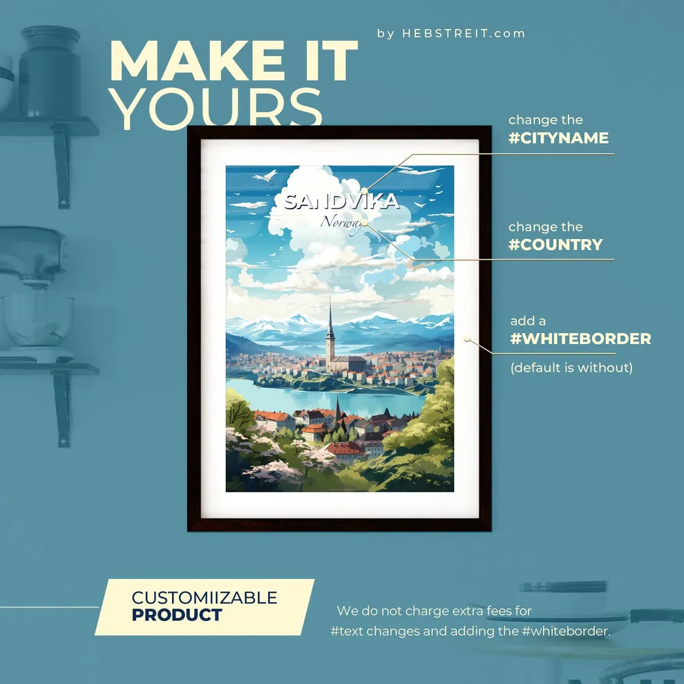 Sandvika Norway Skyline - A City With A Tower And A Lake - Customizable Travel Gift Default Title