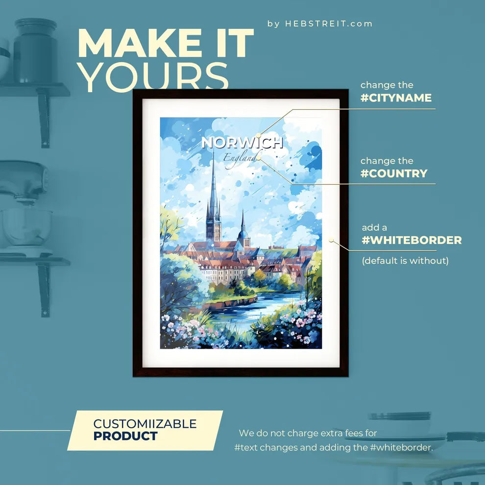 Norwich England Skyline - A Painting Of A City With A River And Trees - Customizable Travel Gift Default Title