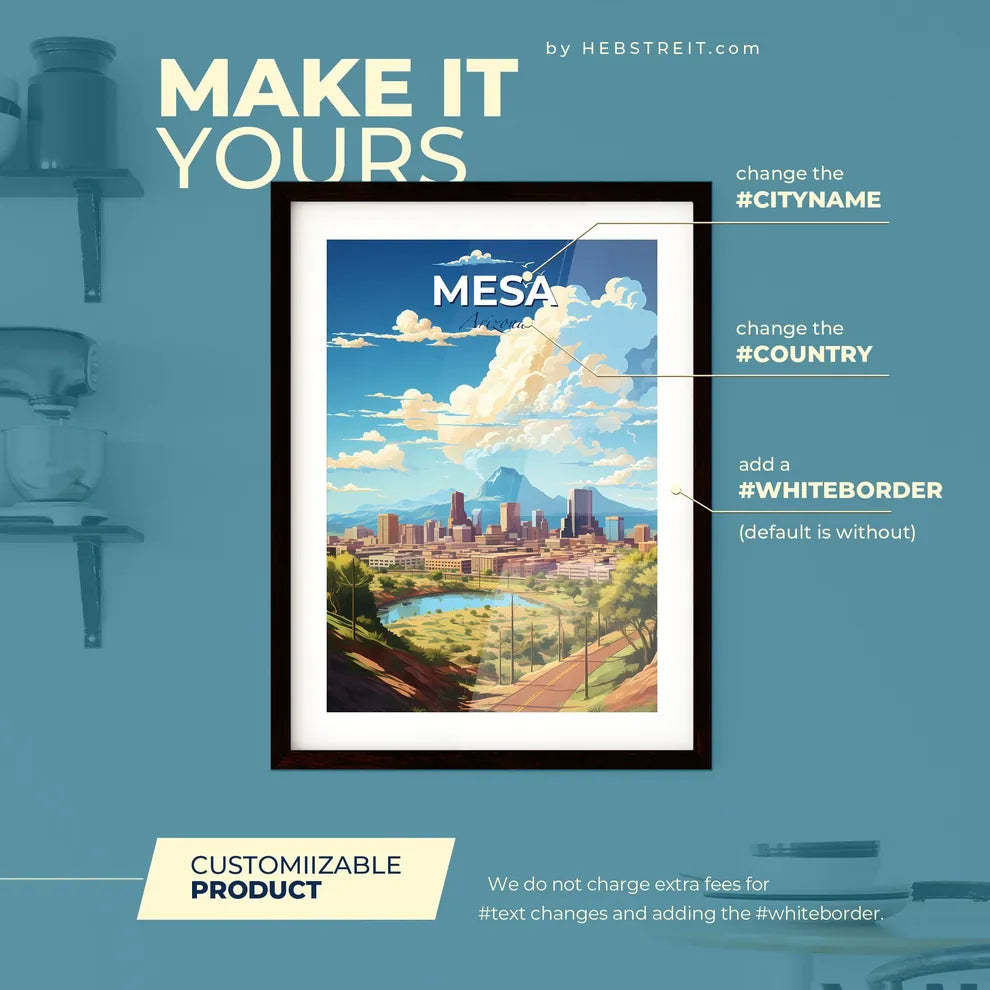 Mesa Arizona Skyline - A Landscape Of A City With A Lake And Mountains In The Background - Customizable Travel Gift Default Title