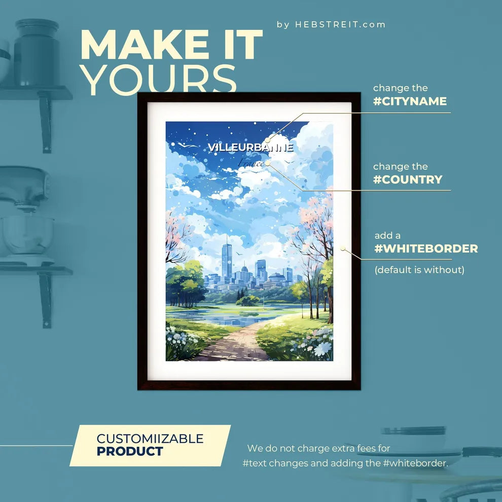 Villeurbanne France Skyline - A Landscape Of A Park With Trees And A City In The Background - Customizable Travel Gift Default Title