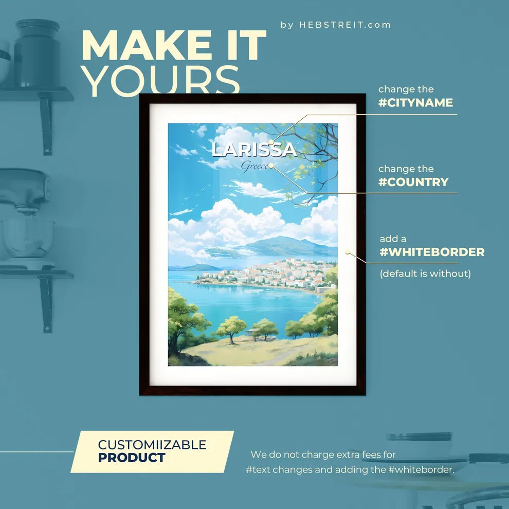 Larissa Greece Skyline - A Landscape Of A Town By A Body Of Water - Customizable Travel Gift Default Title