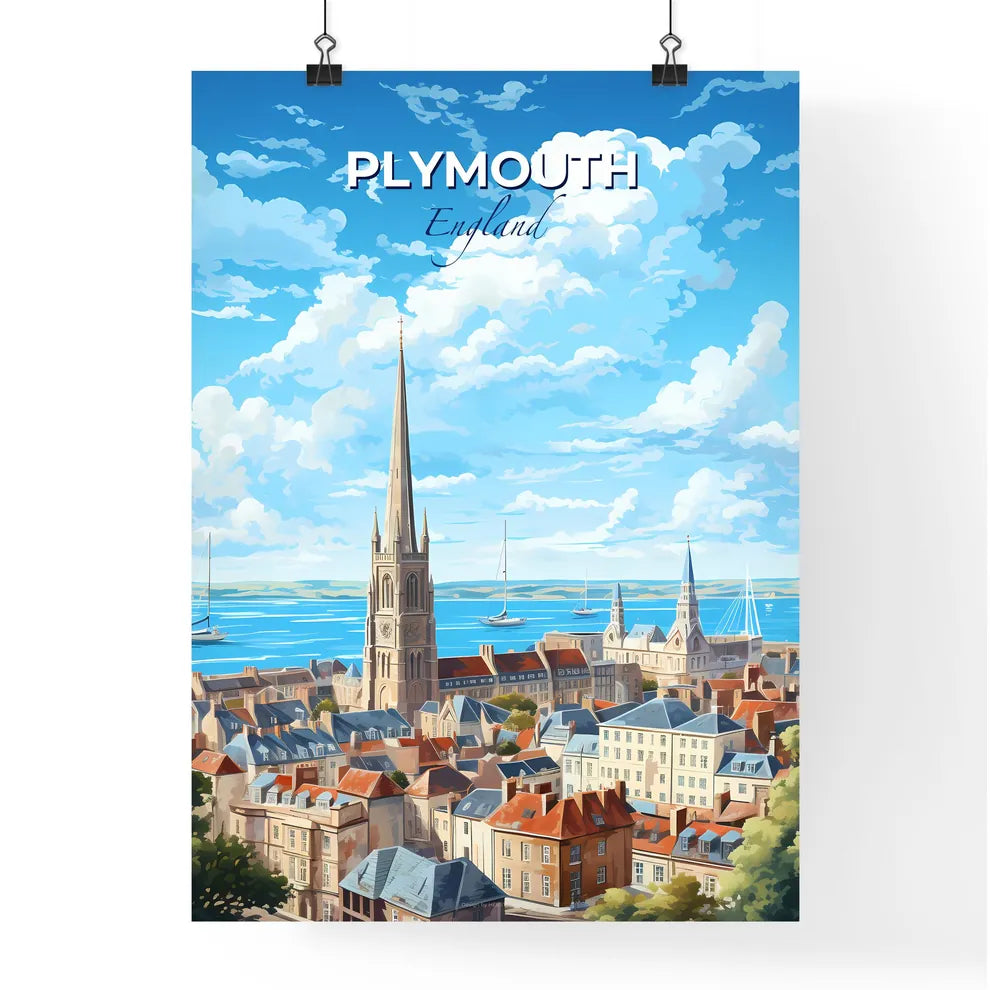 Plymouth England Skyline - A City With A Tall Tower And Many Buildings And Boats In The Water - Customizable Travel Gift Default Title