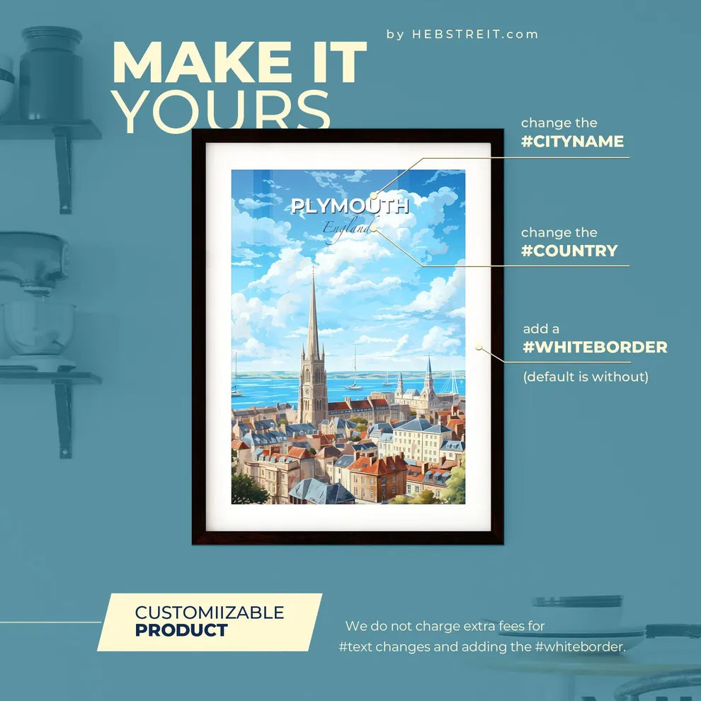 Plymouth England Skyline - A City With A Tall Tower And Many Buildings And Boats In The Water - Customizable Travel Gift Default Title