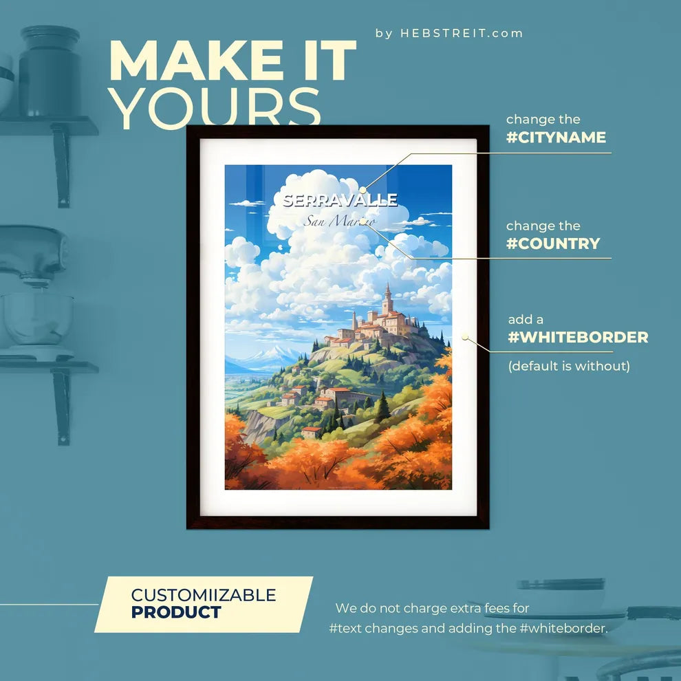 Serravalle San Marino Skyline - A Landscape Of A Village On A Hill With Trees And Clouds - Customizable Travel Gift Default Title