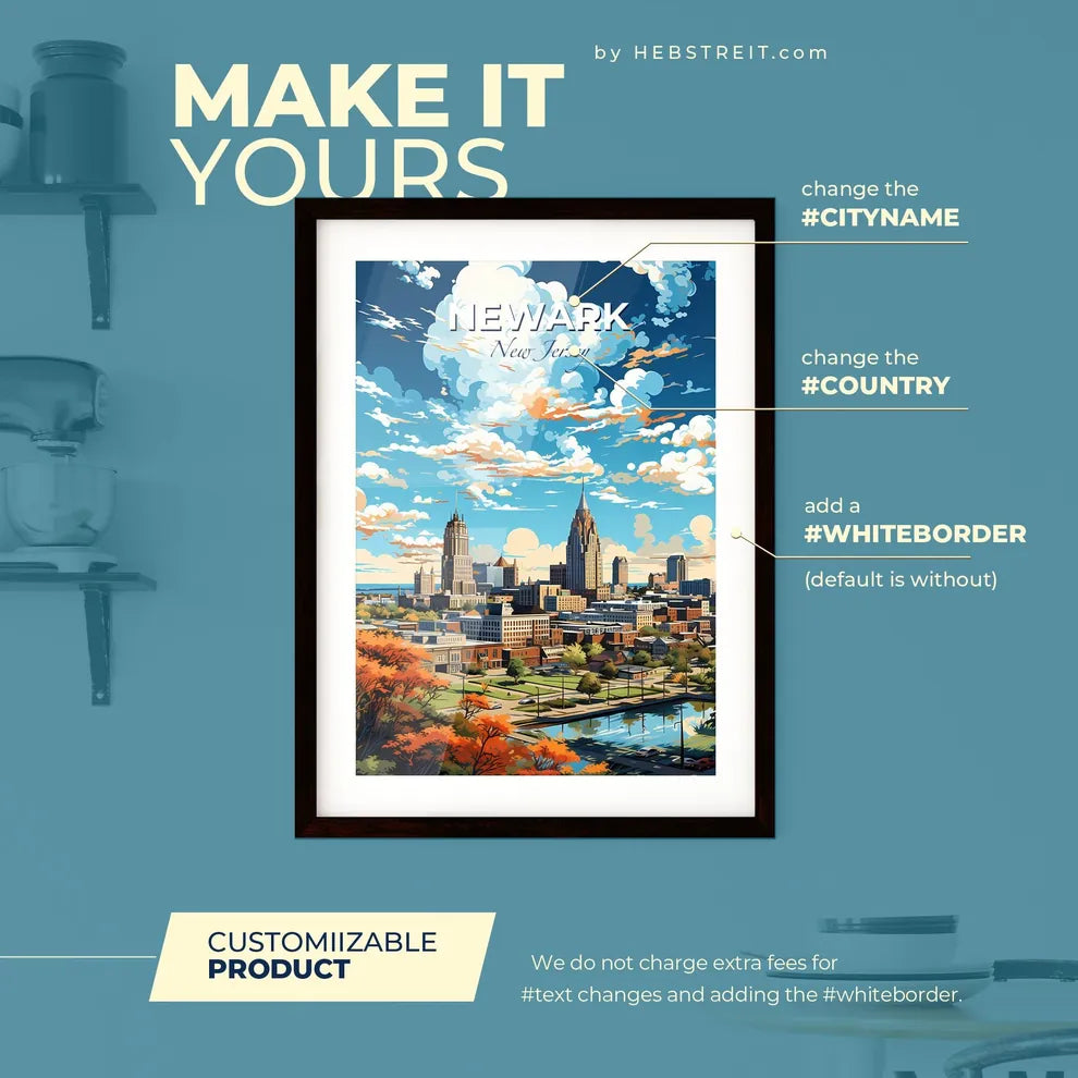 Newark New Jersey Skyline - A Cityscape With Trees And Clouds - Customizable Travel Gift Default Title