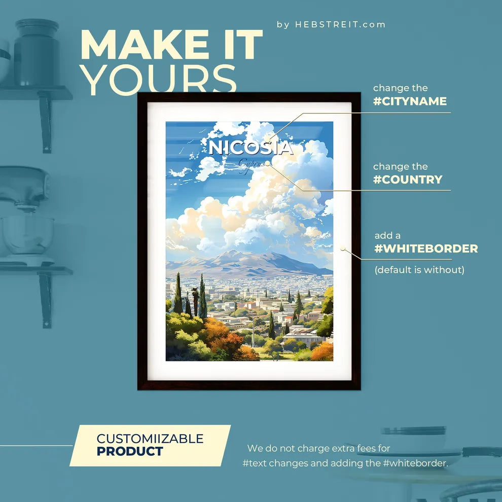 Nicosia Cyprus Skyline - A Landscape Of A City With Trees And Mountains In The Background - Customizable Travel Gift Default Title