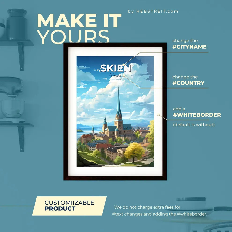 Skien Norway Skyline - A City With A Steeple And Trees - Customizable Travel Gift Default Title