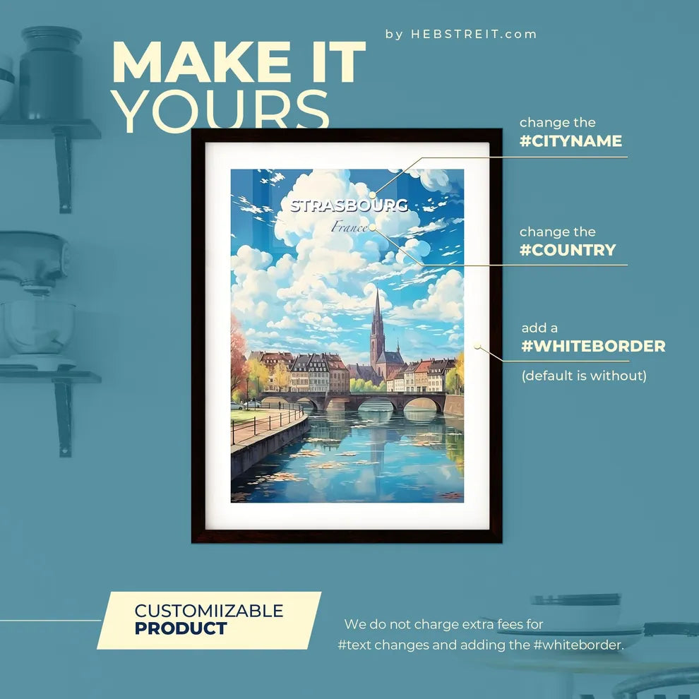 Strasbourg France Skyline - A River With A Bridge And Buildings In The Background - Customizable Travel Gift Default Title