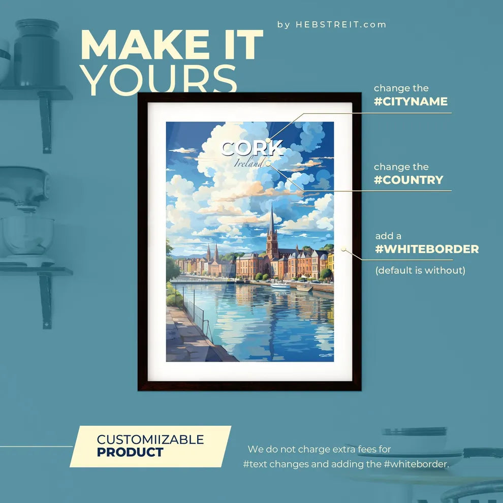 Cork Ireland Skyline - A Water Way With A City And A Boat - Customizable Travel Gift Default Title