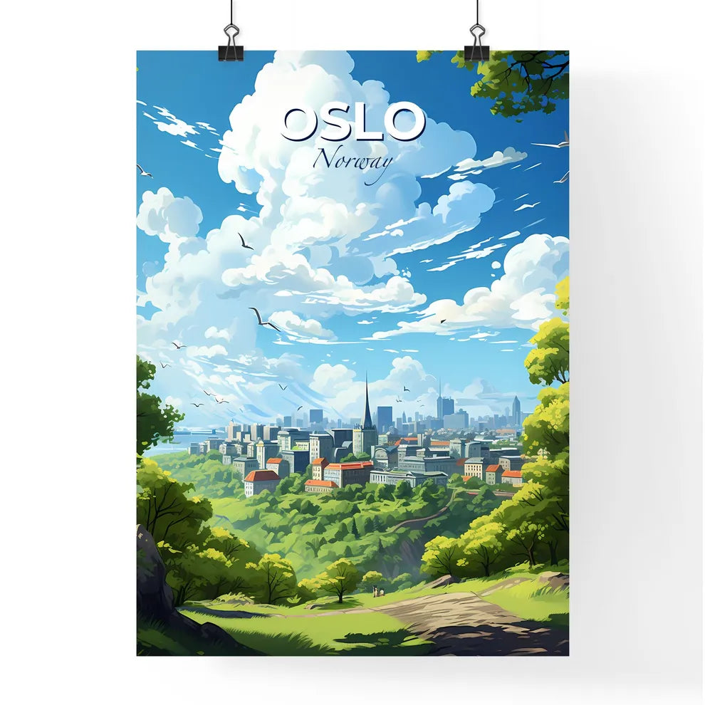 Oslo Norway Skyline - A City Landscape With Trees And Birds Flying In The Sky - Customizable Travel Gift Default Title