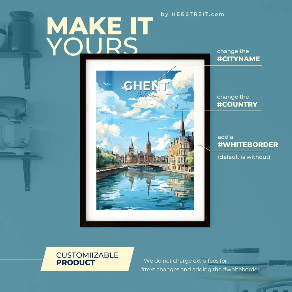 Ghent Belgium Skyline - A Water Canal With Buildings And Trees - Customizable Travel Gift Default Title