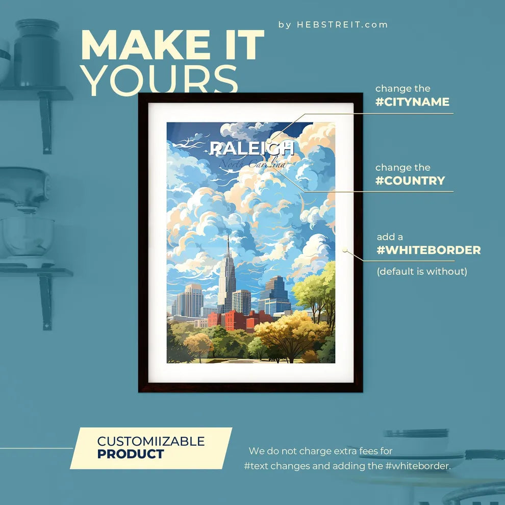 Raleigh North Carolina Skyline - A Cityscape With Clouds And Trees - Customizable Travel Gift Default Title