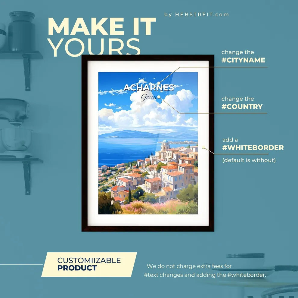 Acharnes Greece Skyline - A Town On A Hill By The Water - Customizable Travel Gift Default Title