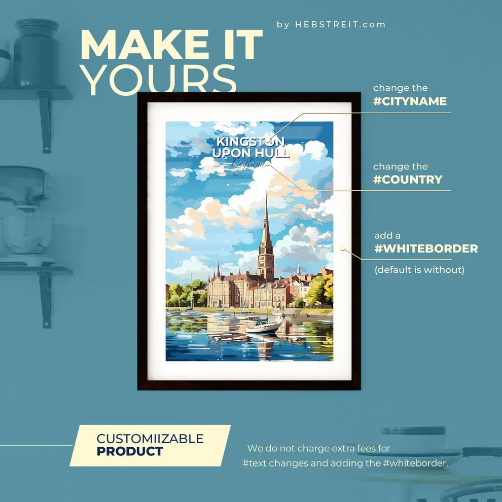 Kingston upon Hull England Skyline - A Water Body With Boats And Buildings And Trees - Customizable Travel Gift Default Title