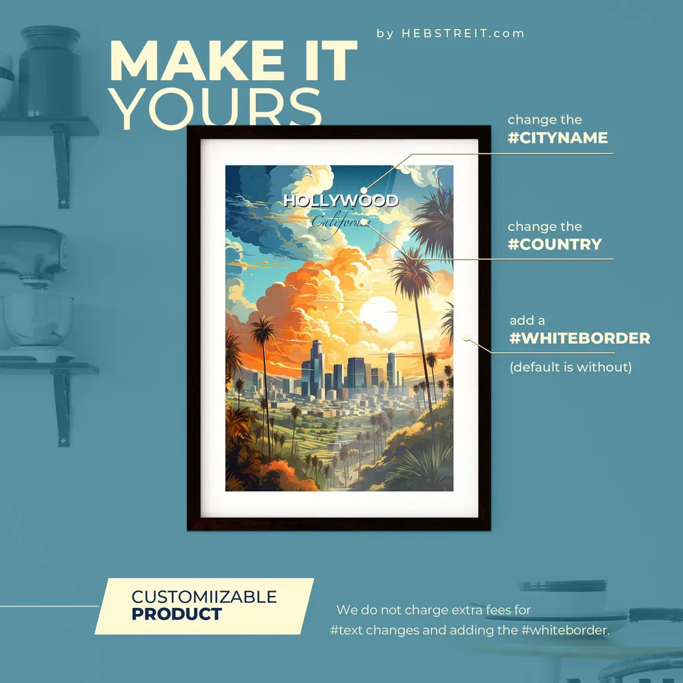 Hollywood CA Skyline - A City Landscape With Palm Trees And A Cloudy Sky - Customizable Travel Gift Default Title