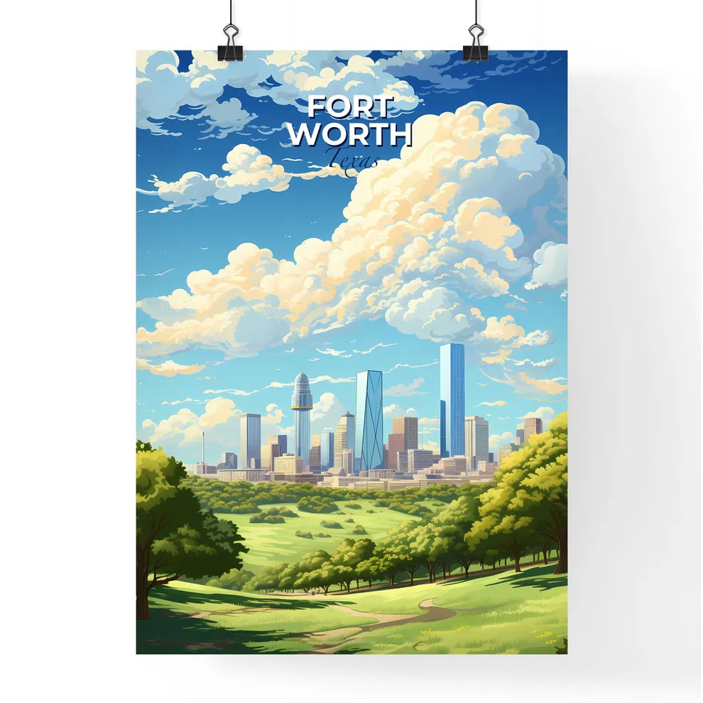 Fort Worth Texas Skyline - A Landscape Of A City With Trees And Clouds - Customizable Travel Gift Default Title