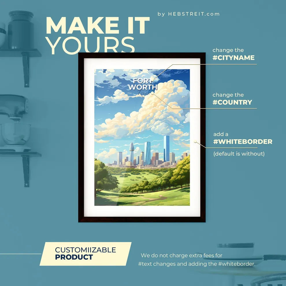 Fort Worth Texas Skyline - A Landscape Of A City With Trees And Clouds - Customizable Travel Gift Default Title