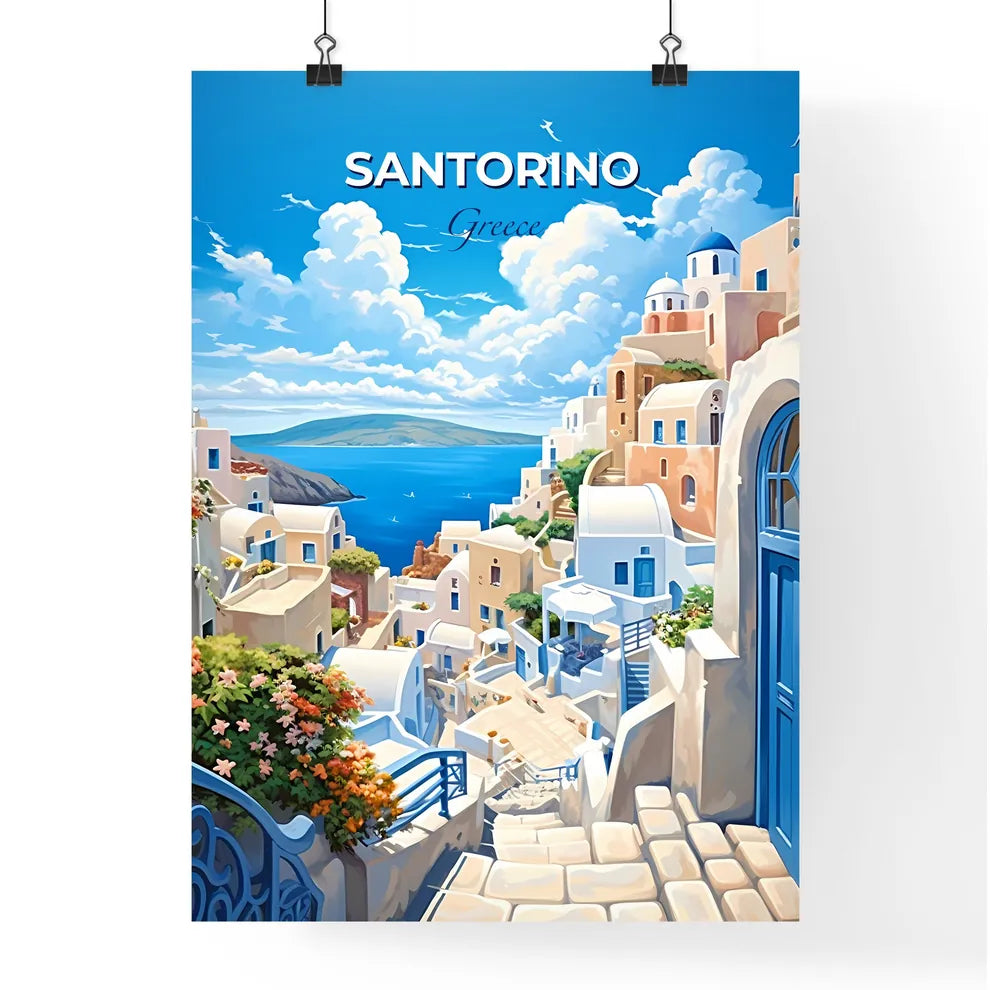 Santorino Greece Skyline - A Painting Of A Town On A Hill With A Body Of Water In The Background - Customizable Travel Gift Default Title